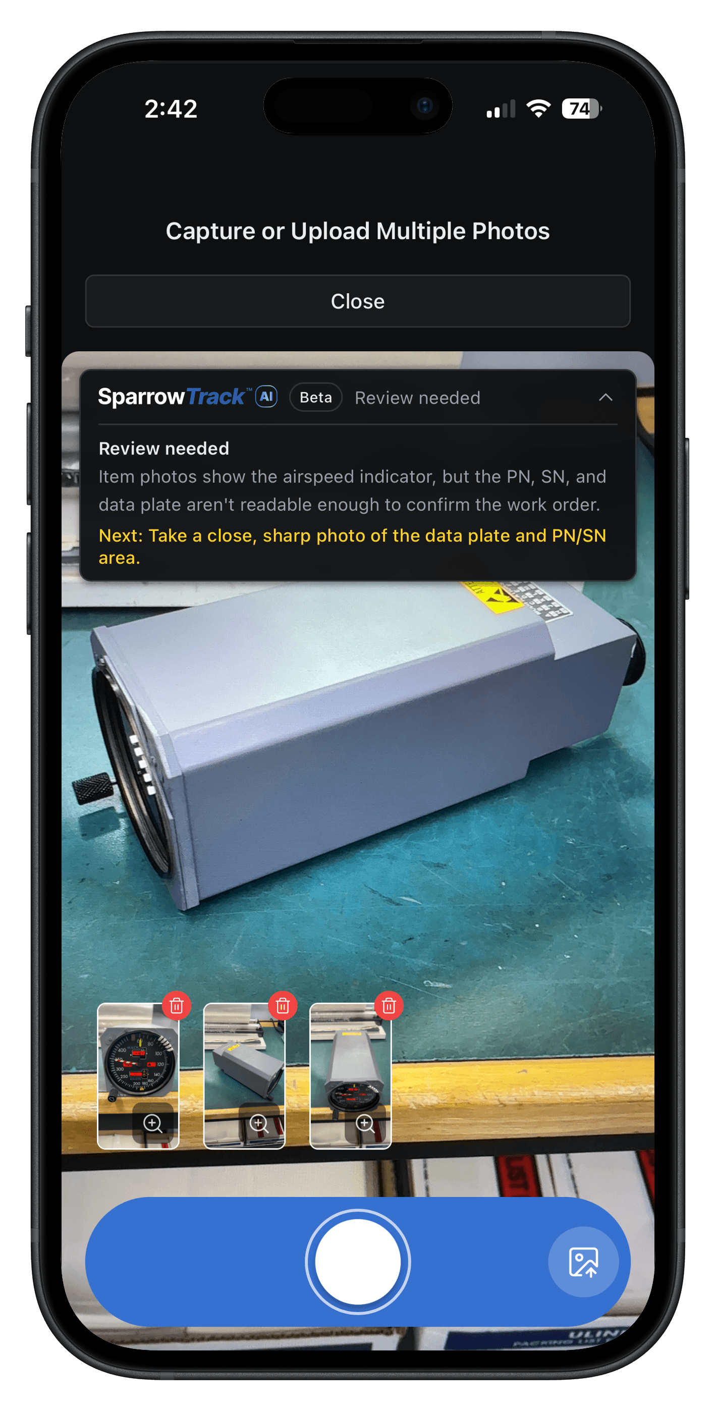 SparrowTrack AI on iPhone guiding an operator to capture a clearer data plate photo