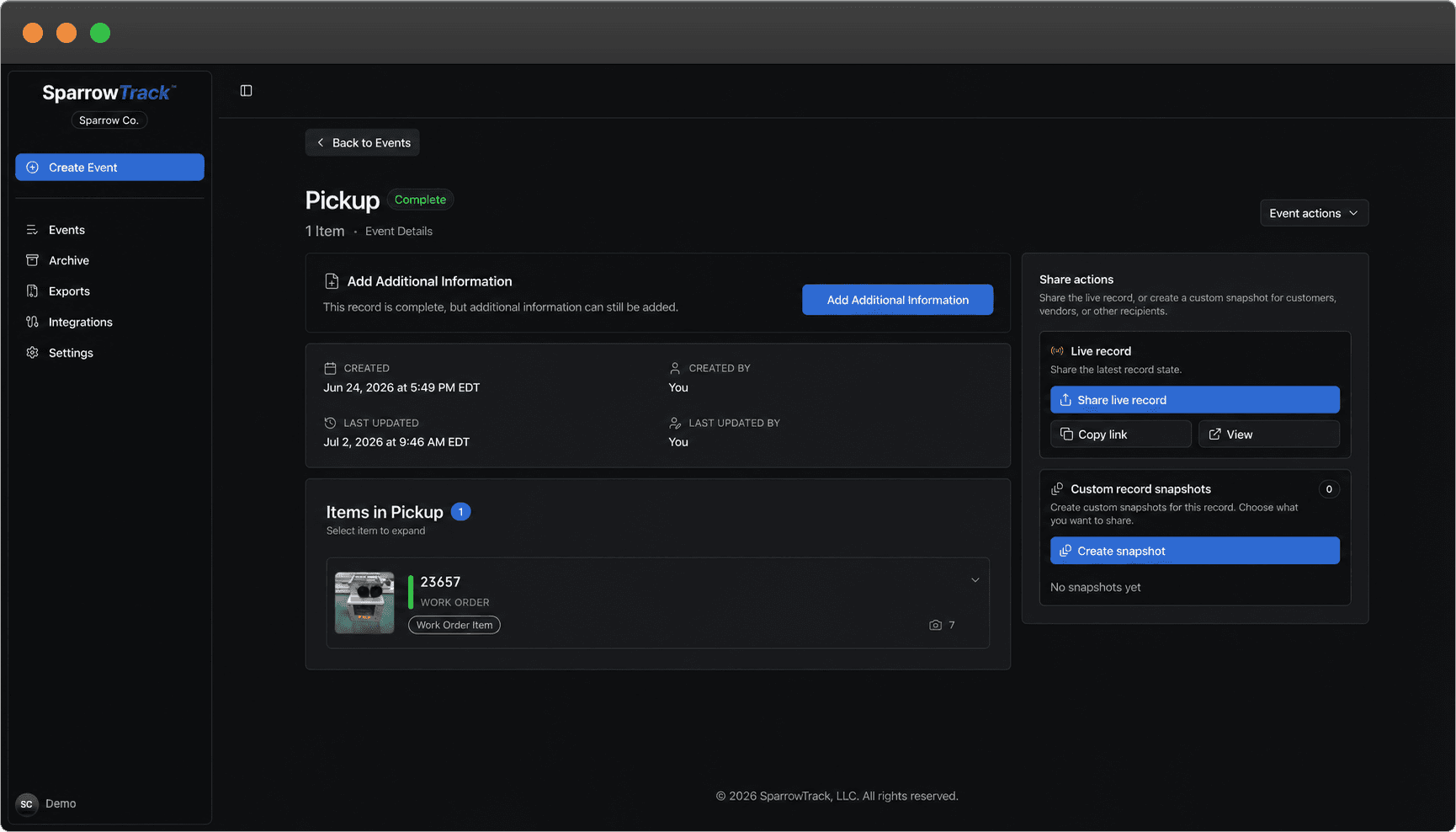 SparrowTrack desktop record with item details, completion status, and Live Record sharing
