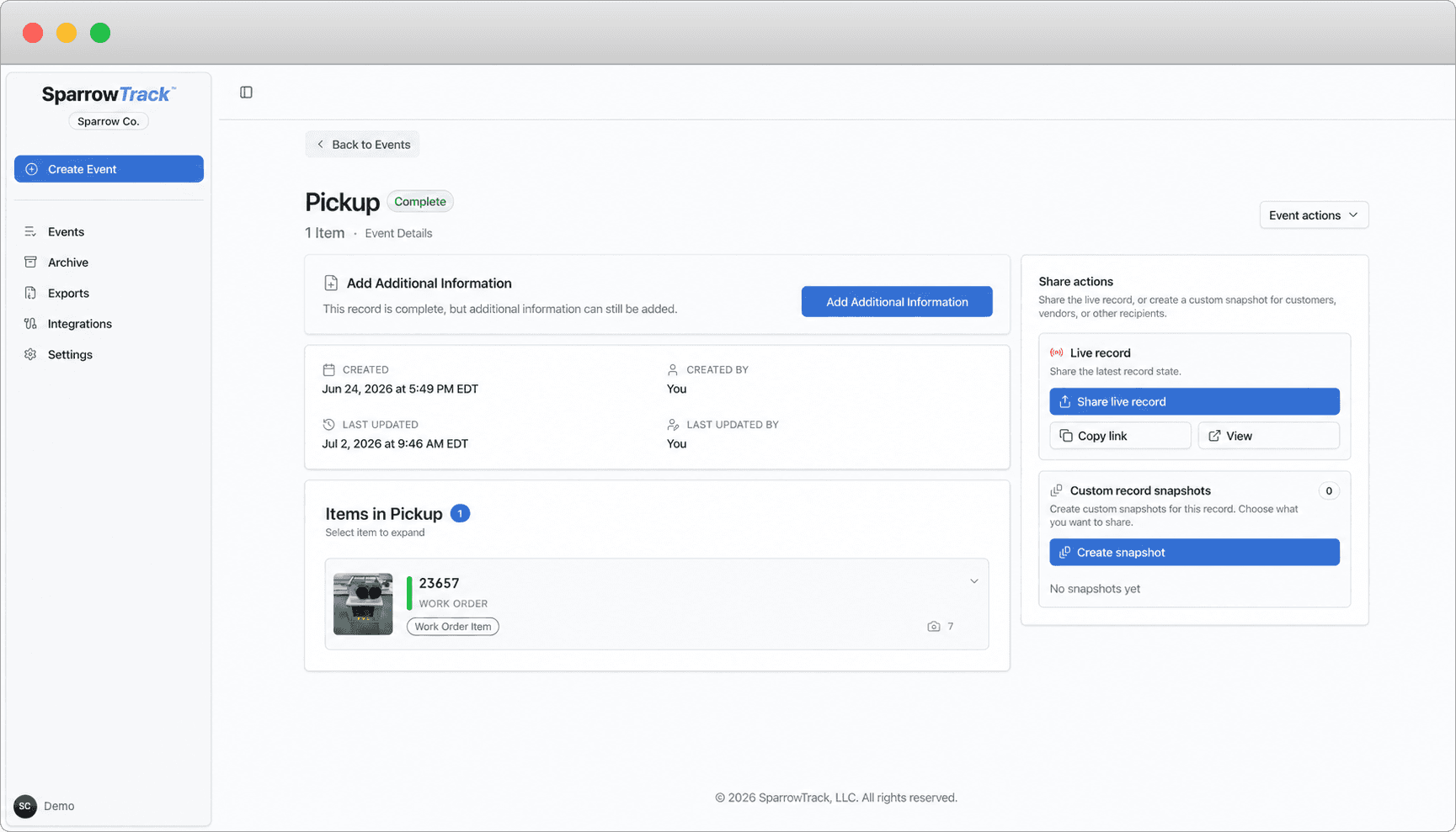 SparrowTrack desktop record with item details, completion status, and Live Record sharing