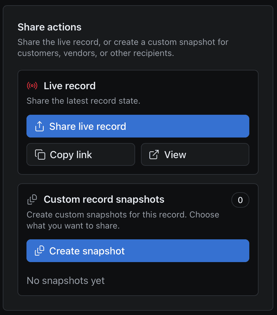 SparrowTrack sharing options: share or copy the current Live Record link, or create a custom record snapshot